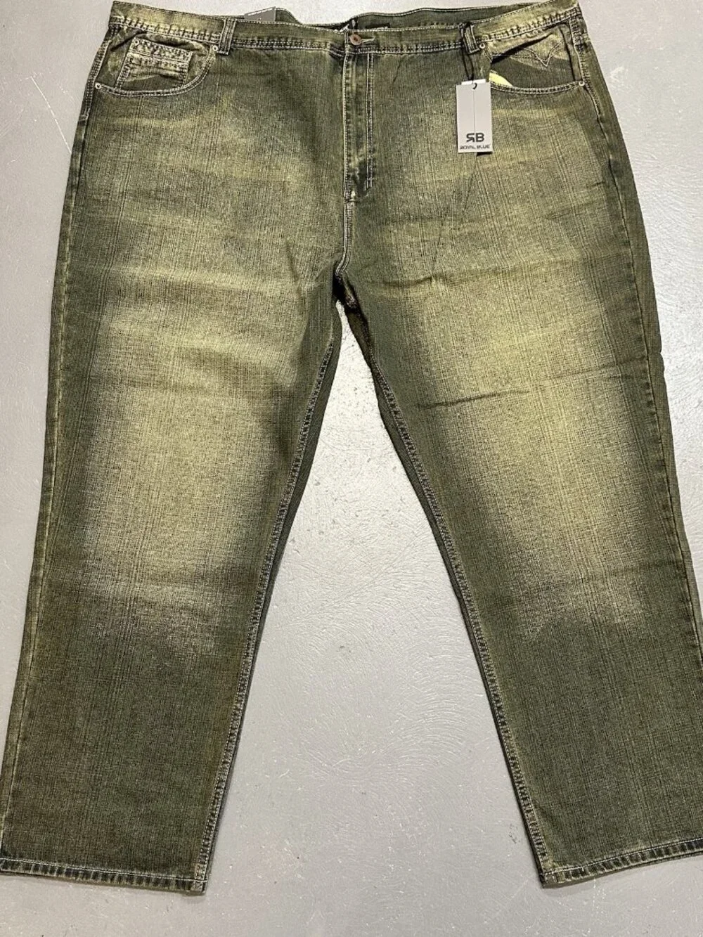 Royal Blue Brand Denim Jeans Men 58 x 34 Relaxed Big & Tall Olive Green Wash